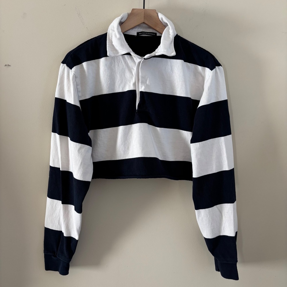 Brandy Melville Cropped Rugby Shirt Navy Blue White Striped Long Sleeve Top OS